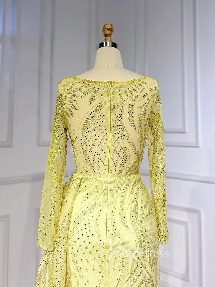 Beaded Yellow Lace Evening Dress Long Sleeve Sheath Prom Dresses 20024-Evening Dresses 2025 -Viniodress-As Picture-US 2-