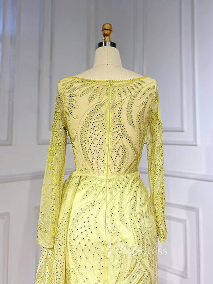 Beaded Yellow Lace Evening Dress Long Sleeve Sheath Prom Dresses 20024-Evening Dresses 2025 -Viniodress-As Picture-US 2-
