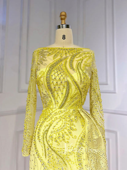 Beaded Yellow Lace Evening Dress Long Sleeve Sheath Prom Dresses 20024-Evening Dresses 2025 -Viniodress-As Picture-US 2-