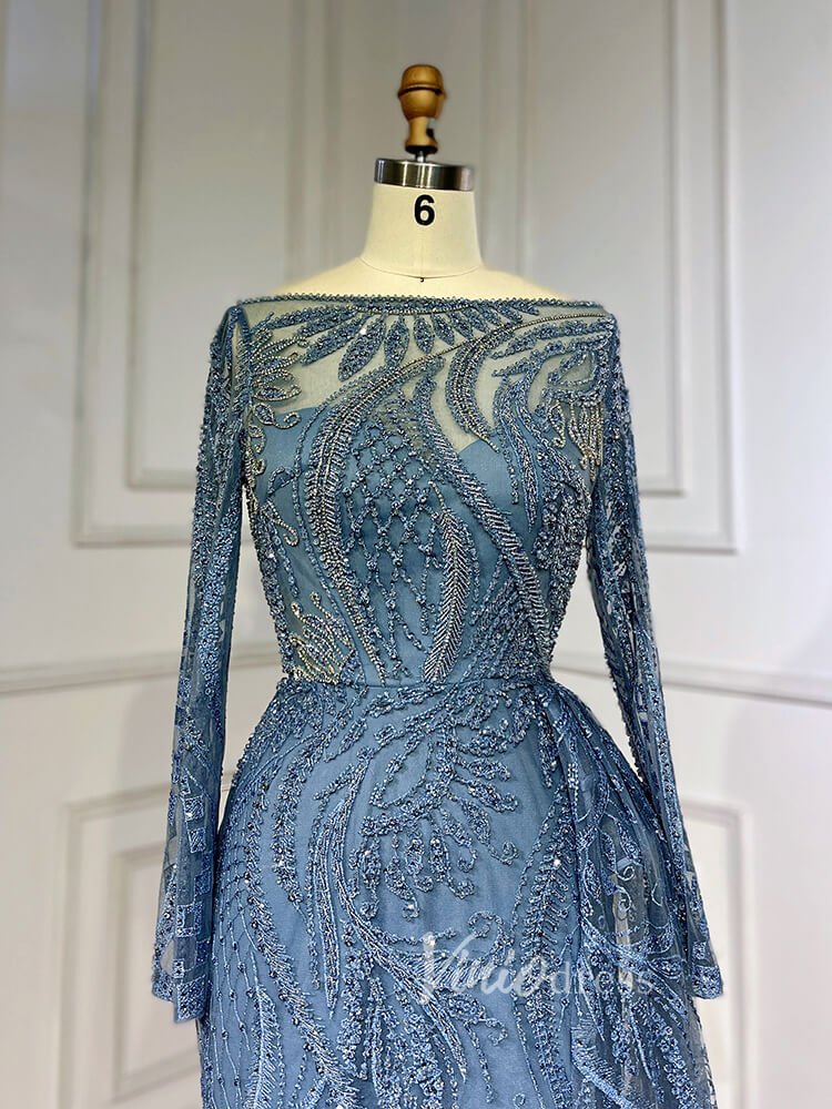 Beaded Yellow Lace Evening Dress Long Sleeve Sheath Prom Dresses 20024-Evening Dresses 2025 -Viniodress-As Picture-US 2-