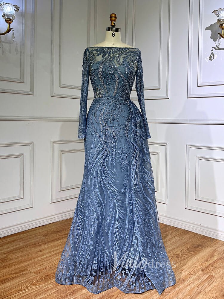 Beaded Yellow Lace Evening Dress Long Sleeve Sheath Prom Dresses 20024-Evening Dresses 2025 -Viniodress-Dusty Blue-US 2-