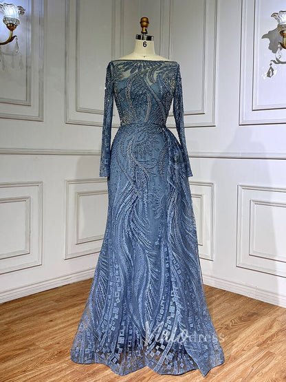 Beaded Yellow Lace Evening Dress Long Sleeve Sheath Prom Dresses 20024-Evening Dresses 2025 -Viniodress-Dusty Blue-US 2-