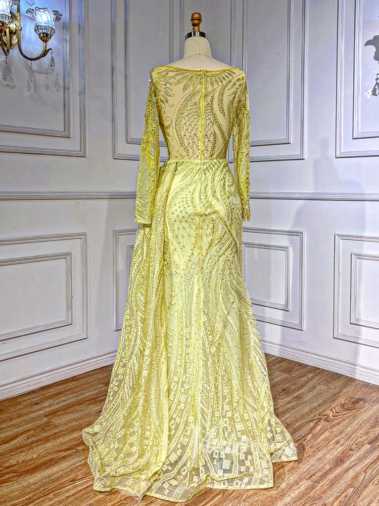 Prom Dress 2025 Beaded Yellow Lace Evening Dress Long Sleeve Sheath Prom Dresses 20024-unique prom dresses-As Picture-US 2-Viniodress