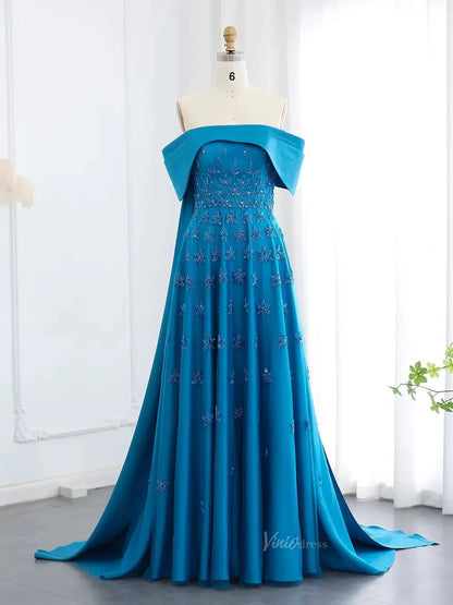 Beaded Yellow Satin Prom Dresses Sparkle Star Wedding Dresses Off the Shoulder BD032-Evening Dresses 2025 -Viniodress-Blue-US 2-