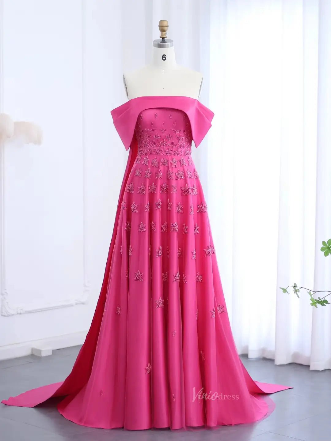 Beaded Yellow Satin Prom Dresses Sparkle Star Wedding Dresses Off the Shoulder BD032-Evening Dresses 2025 -Viniodress-Fuchsia-US 2-