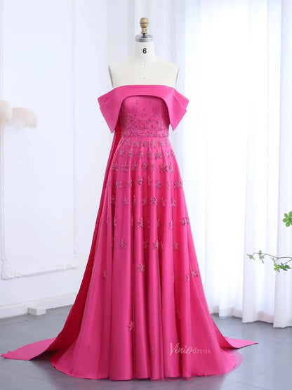 Beaded Yellow Satin Prom Dresses Sparkle Star Wedding Dresses Off the Shoulder BD032-Evening Dresses 2025 -Viniodress-Fuchsia-US 2-