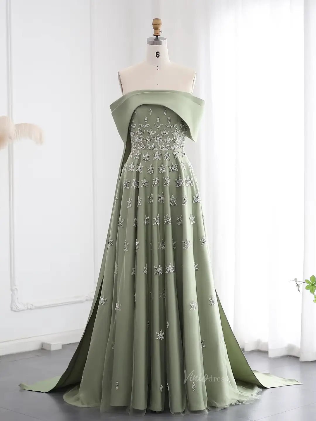 Beaded Yellow Satin Prom Dresses Sparkle Star Wedding Dresses Off the Shoulder BD032-Evening Dresses 2025 -Viniodress-Olive Green-US 2-