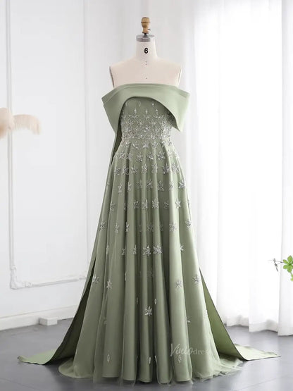 Beaded Yellow Satin Prom Dresses Sparkle Star Wedding Dresses Off the Shoulder BD032-Evening Dresses 2025 -Viniodress-Olive Green-US 2-