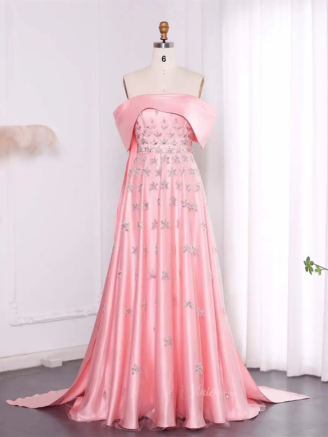 Beaded Yellow Satin Prom Dresses Sparkle Star Wedding Dresses Off the Shoulder BD032-Evening Dresses 2025 -Viniodress-Pink-US 2-