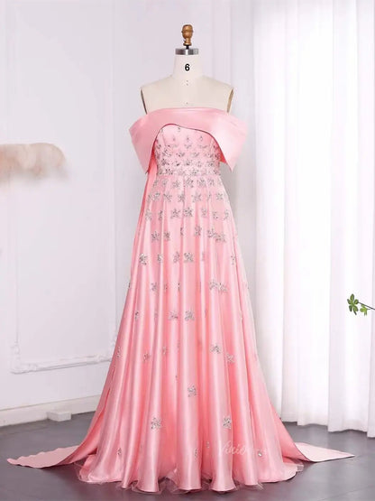 Beaded Yellow Satin Prom Dresses Sparkle Star Wedding Dresses Off the Shoulder BD032-Evening Dresses 2025 -Viniodress-Pink-US 2-