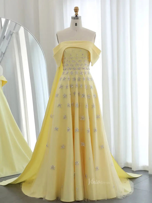 prom dresses 2025 Beaded Yellow Satin Prom Dresses Sparkle Star Wedding Dresses Off the Shoulder BD032-plus size wedding dresses Viniodress-Yellow-US 2-