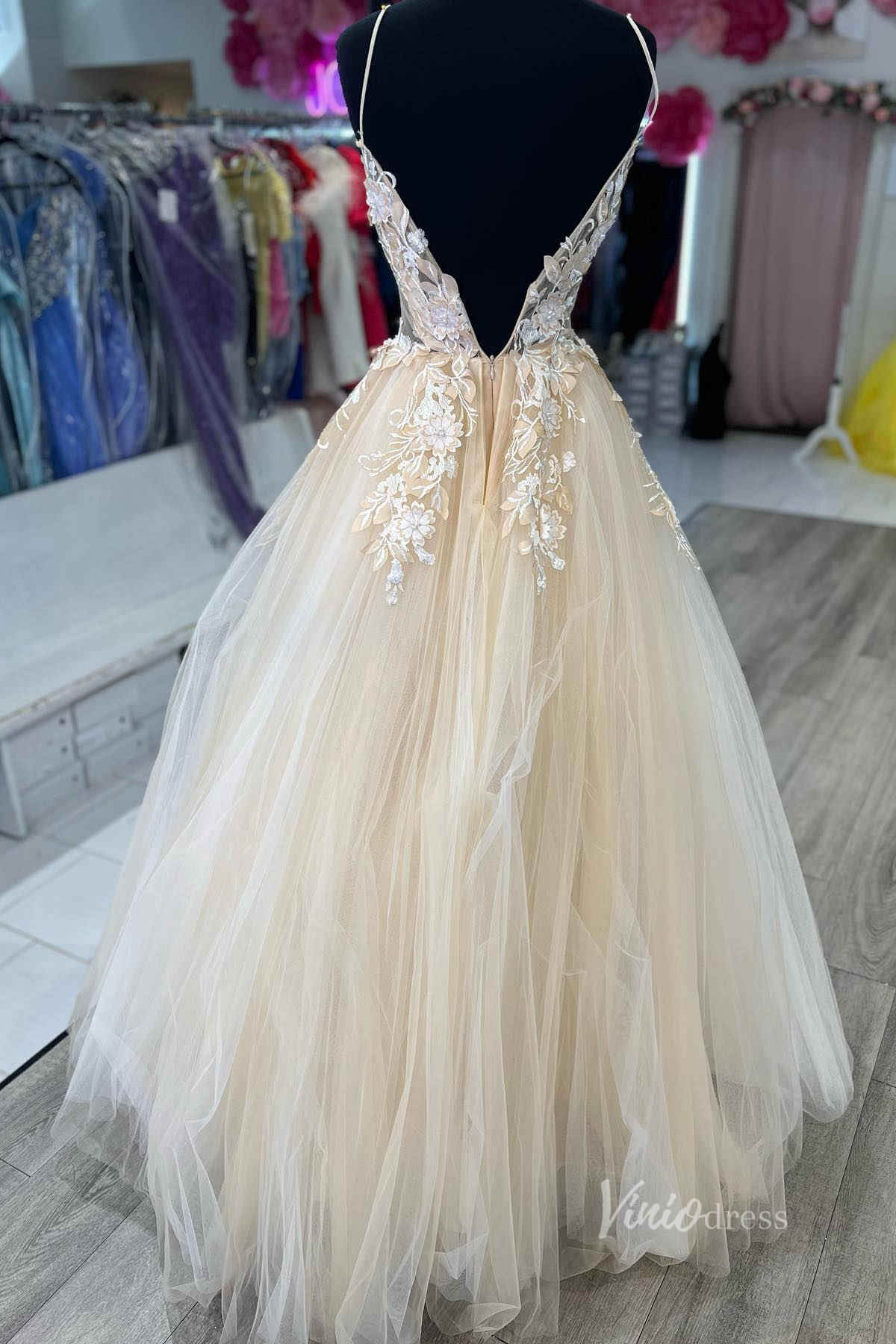 Beige Lace Applique Prom Dresses Sheer Bodice Spaghetti Strap Tulle Gown FD4045-prom dresses 2025 -Viniodress-Beige-Custom Size-