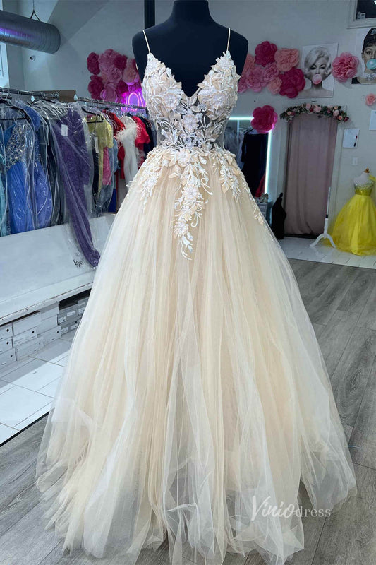 Beige Lace Applique Prom Dresses Sheer Bodice Spaghetti Strap Tulle Gown FD4045 - Viniodressprom dressesBeigeCustom Size - Formal Dresses - Ball Gowns