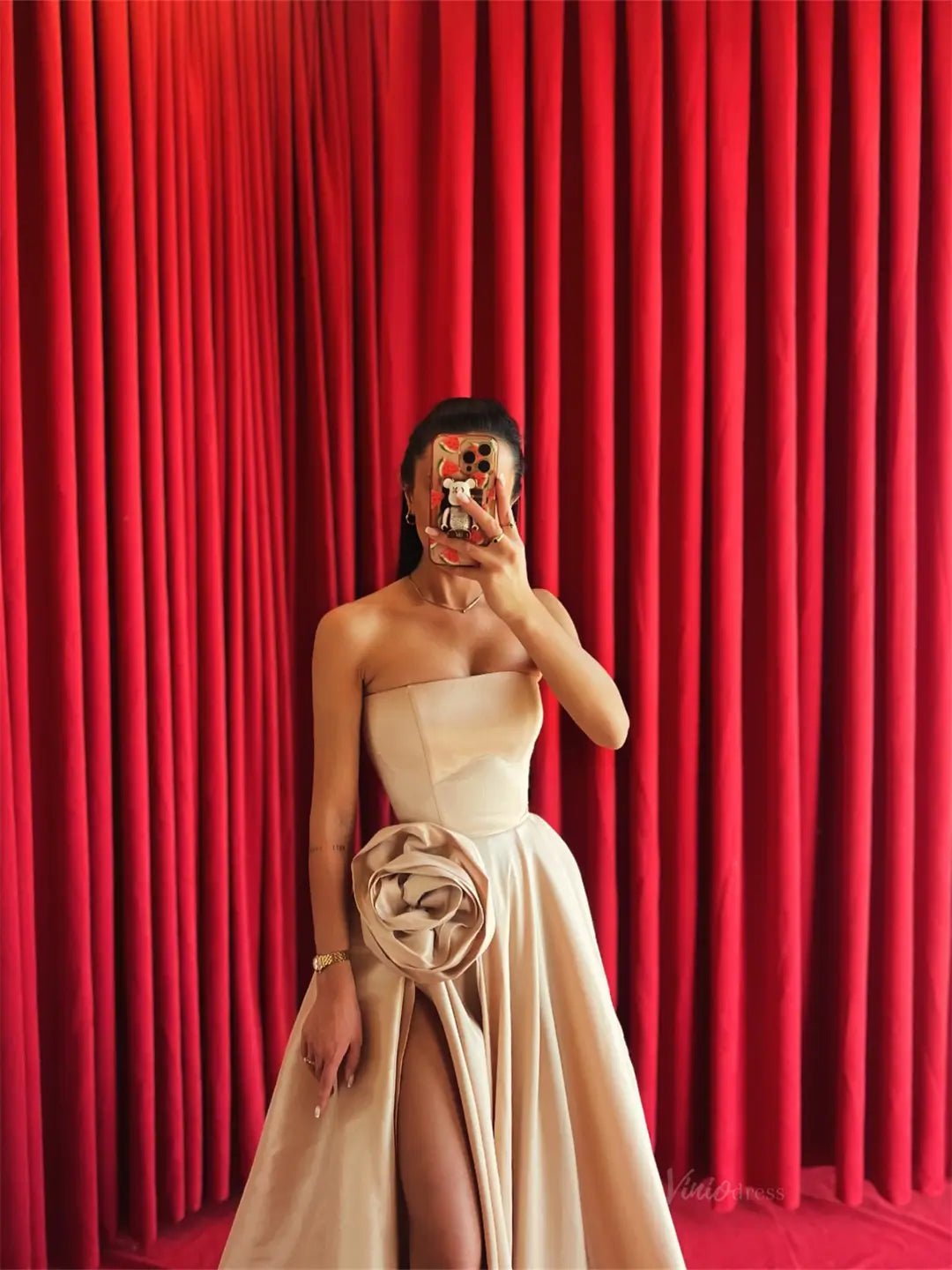 Beige Satin Prom Dresses 2025 Strapless Formal Dress with 3D Flower & High Slit FD5236-prom dresses 2025 -Viniodress-Beige-Custom Size-