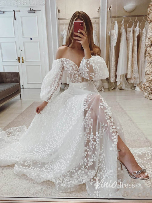 Bell Orchid Lace Wedding Dresses Off the Shoulder Long Sleeve Bridal Gown VW2132-wedding dresses 2025 -Viniodress-Ivory-Custom Size-