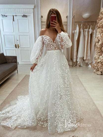 Bell Orchid Lace Wedding Dresses Off the Shoulder Long Sleeve Bridal Gown VW2132-wedding dresses 2025 -Viniodress-Ivory-Custom Size-