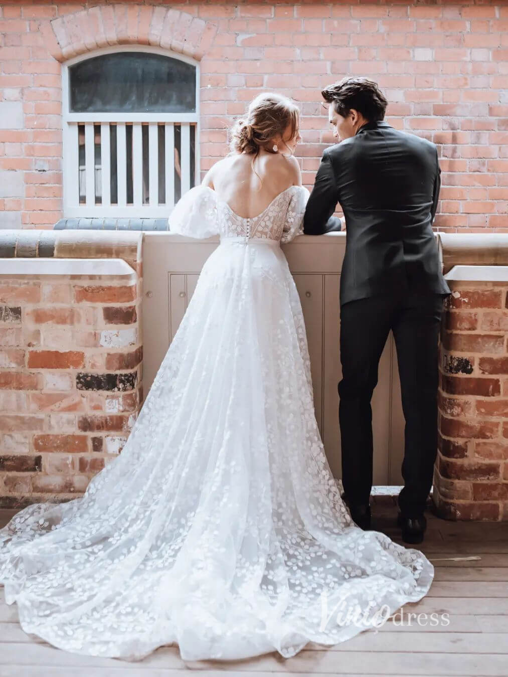 Bell Orchid Lace Wedding Dresses Off the Shoulder Long Sleeve Bridal Gown VW2132-wedding dresses 2025 -Viniodress-Ivory-Custom Size-