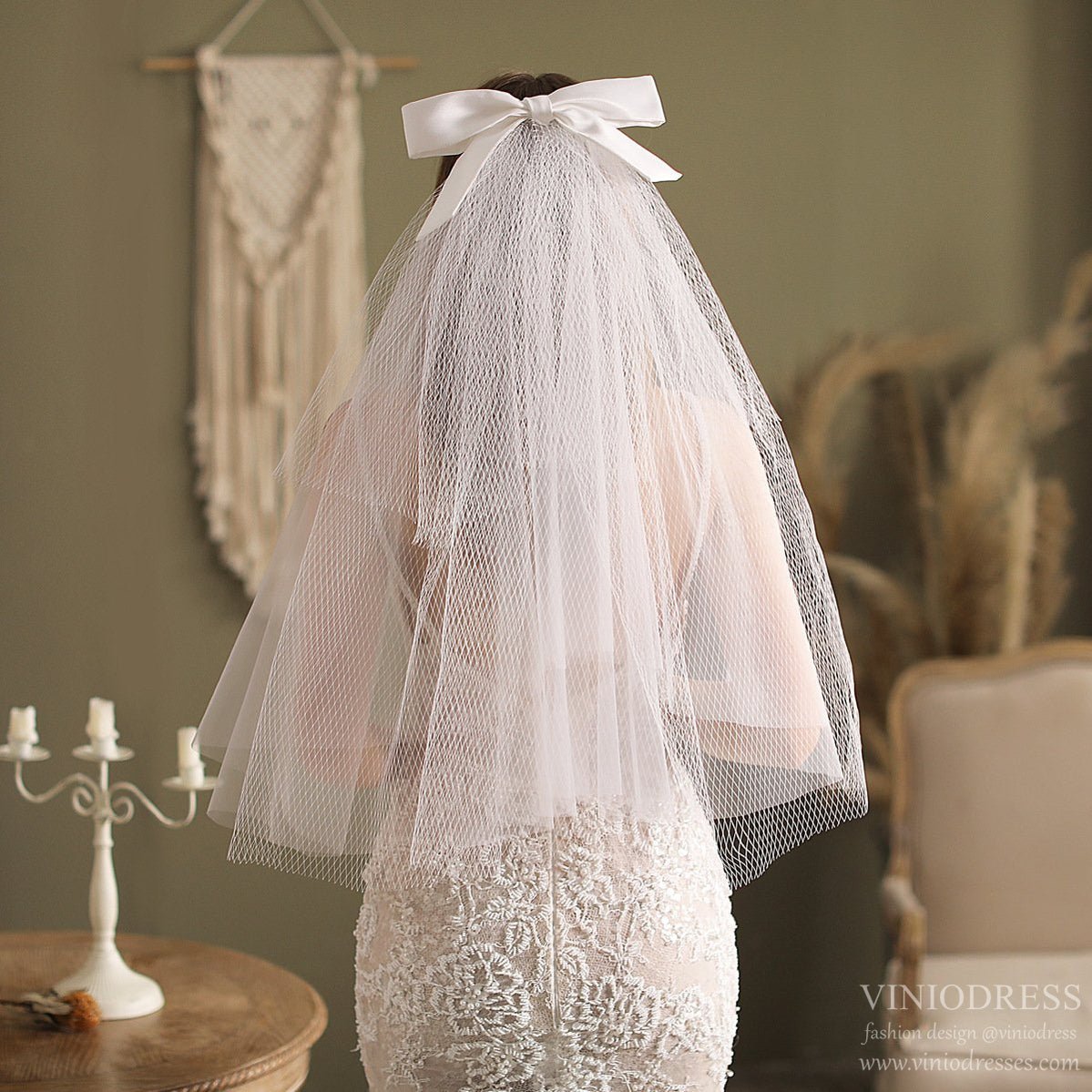 Big Bow Veil Waist Length-Accessories 2025 -Viniodress-Ivory-