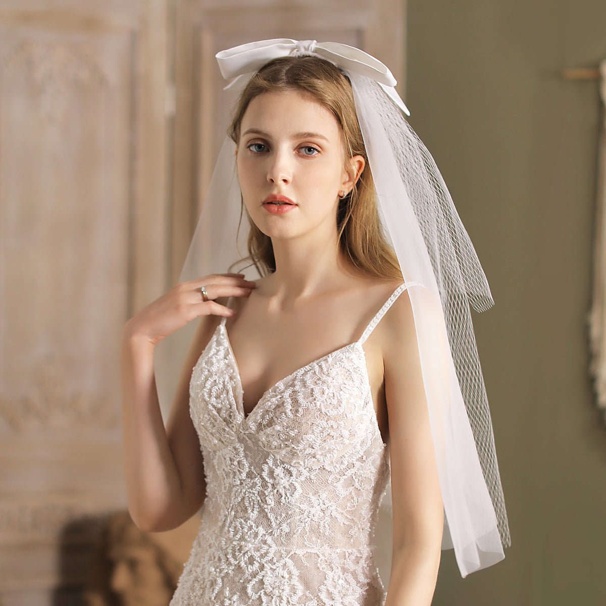 Big Bow Veil Waist Length-Accessories 2025 -Viniodress-Ivory-