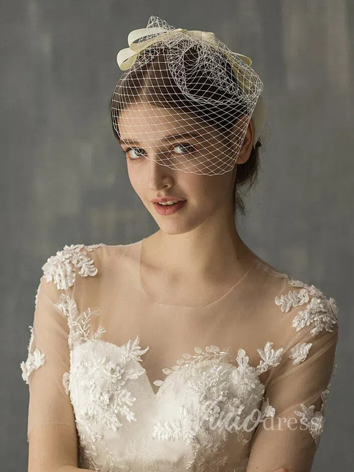 Birdcage Veils with Champagne Ribbon Bow Viniodress AC1003-Bridal Veil 2025 -Viniodress-Ivory-