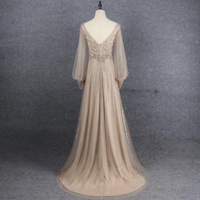 Prom Dress 2025 Bishop Sleeve V-neck Beaded Prom Dresses Vinodress FD2604-unique Prom Dresses-Taupe-US2-Viniodress