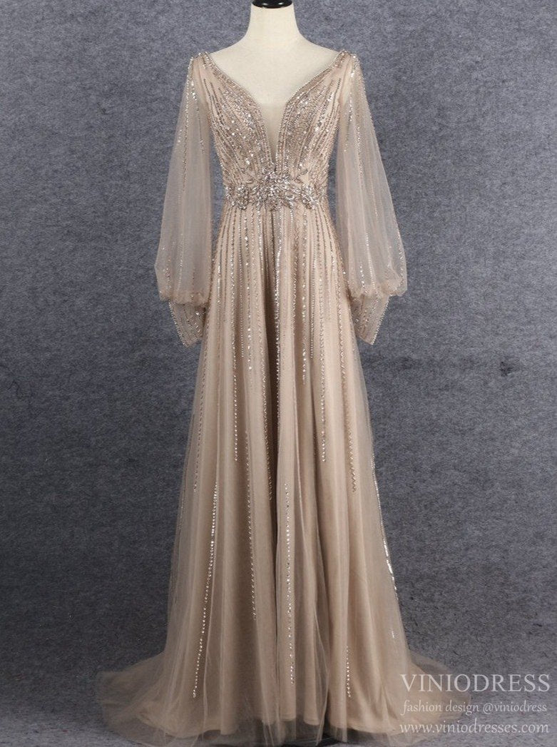 Prom Dress 2025 Bishop Sleeve V-neck Beaded Prom Dresses Vinodress FD2604-unique Prom Dresses-Taupe-US2-Viniodress