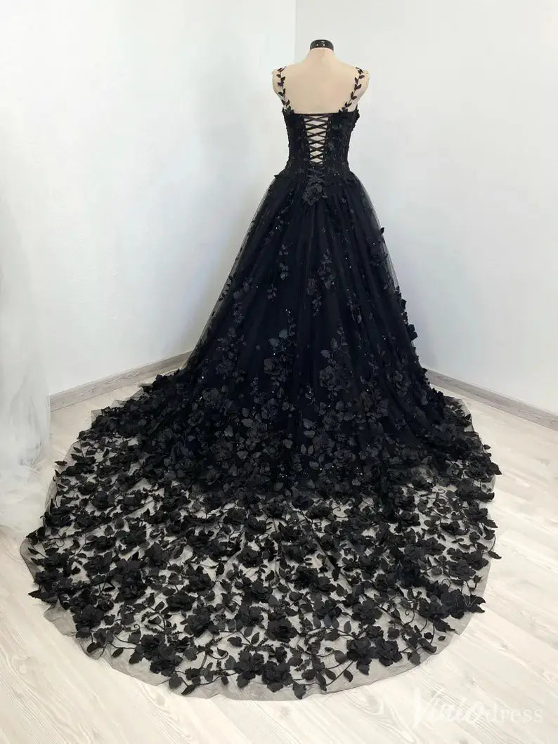 Black 3D Floral Lace Wedding Dress with Sweetheart Neckline, Spaghetti Straps, and Chapel Train – BK113-wedding dresses 2025 -Viniodress-Black-Custom Size-