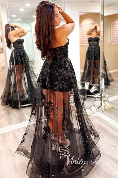 Black 3D Floral Prom Dresses 2024 Strapless White Wedding Dress FD3272-prom dresses 2025 -Viniodress-Black-Custom Size-