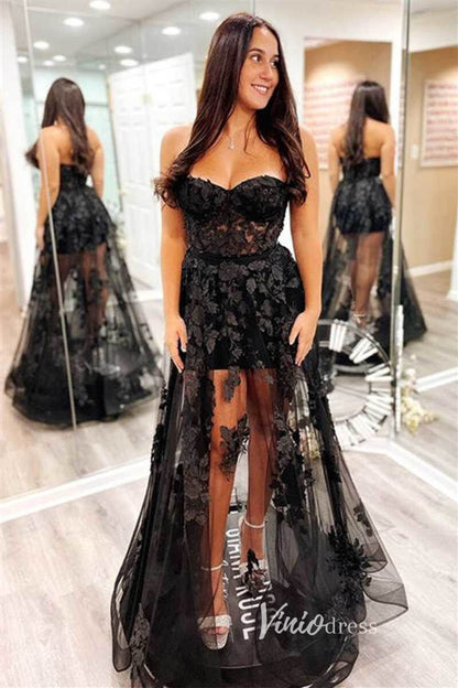 Black 3D Floral Prom Dresses 2024 Strapless White Wedding Dress FD3272-prom dresses 2025 -Viniodress-Black-Custom Size-