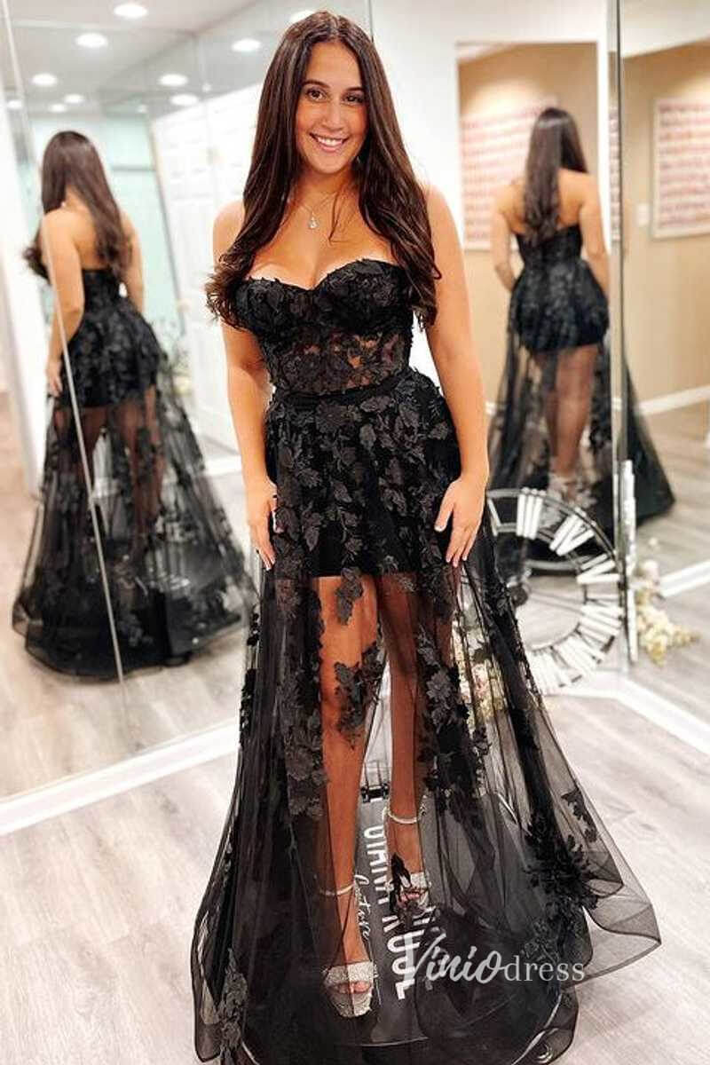 Black 3D Floral Prom Dresses 2024 Strapless White Wedding Dress FD3272-prom dresses-Viniodress-Black-Custom Size-Viniodress