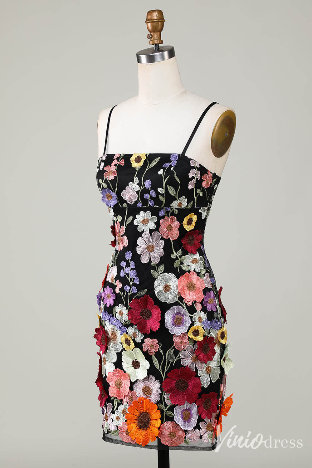 Black 3D Flower Spaghetti Strap Homecoming Dresses Lace Applique Bodycon Dress S24007-prom dresses 2025 -Viniodress-Black-Custom Size-