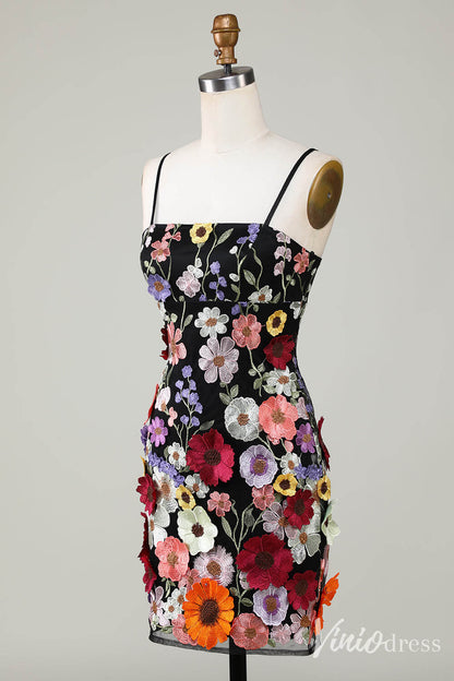 Black 3D Flower Spaghetti Strap Homecoming Dresses Lace Applique Bodycon Dress S24007-prom dresses 2025 -Viniodress-Black-Custom Size-