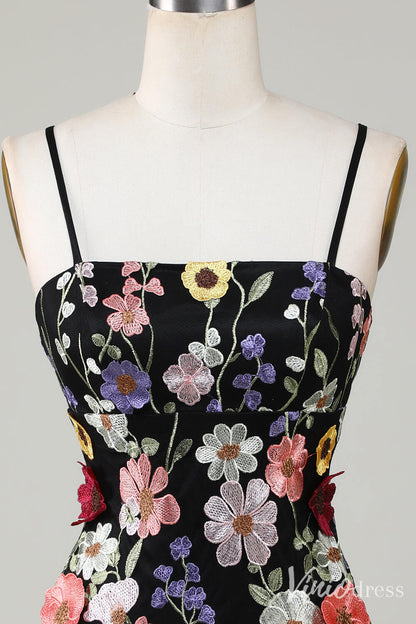 Black 3D Flower Spaghetti Strap Homecoming Dresses Lace Applique Bodycon Dress S24007-prom dresses 2025 -Viniodress-Black-Custom Size-
