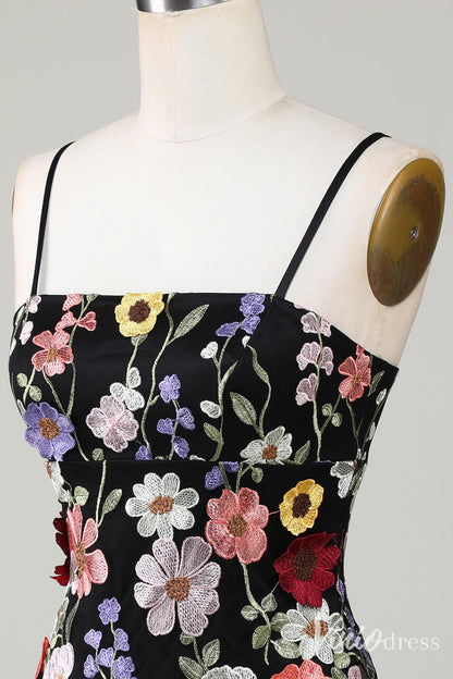 Black 3D Flower Spaghetti Strap Homecoming Dresses Lace Applique Bodycon Dress S24007-prom dresses 2025 -Viniodress-Black-Custom Size-