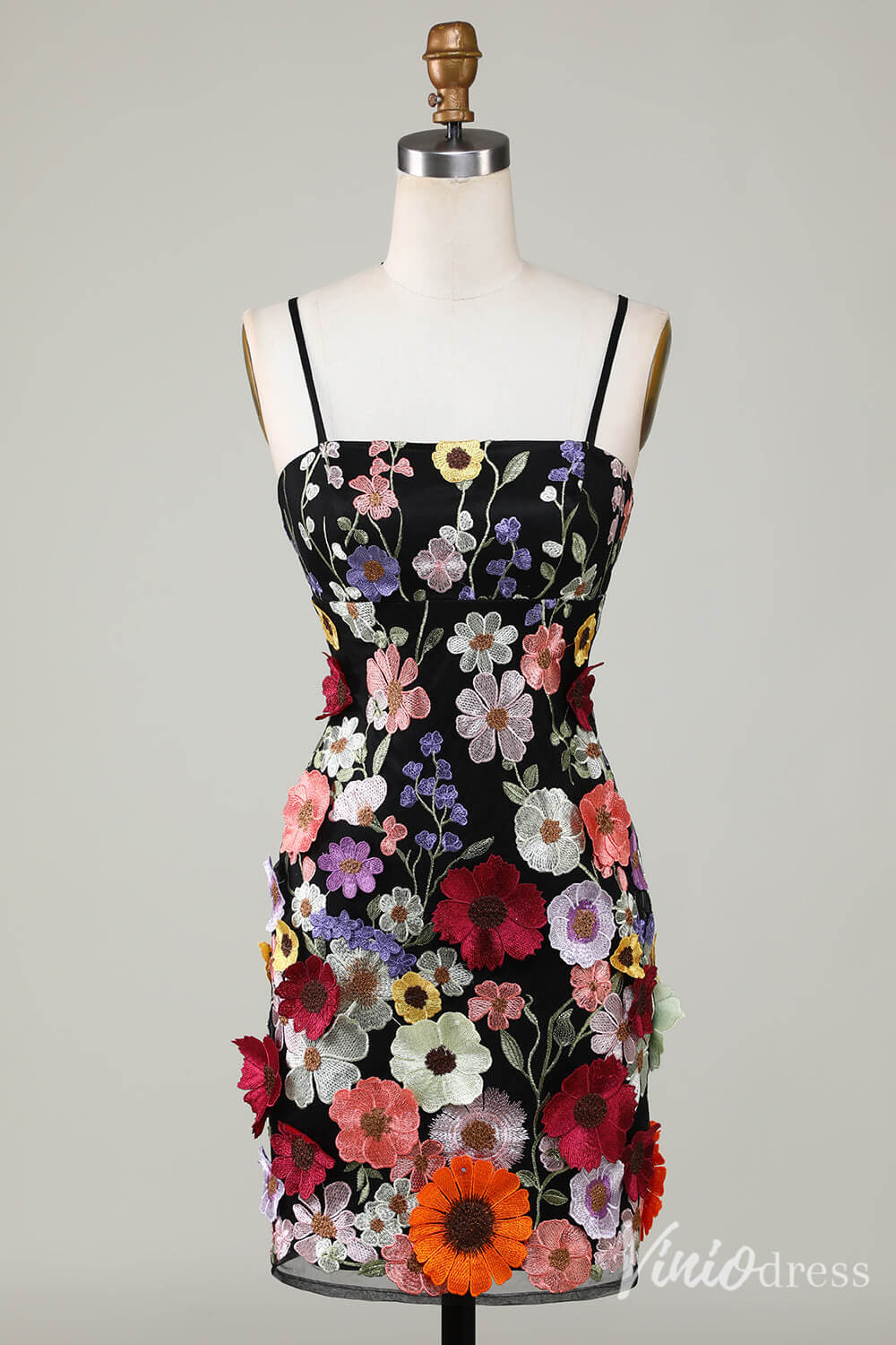 Black 3D Flower Spaghetti Strap Homecoming Dresses Lace Applique Bodycon Dress S24007-prom dresses 2025 -Viniodress-Black-Custom Size-