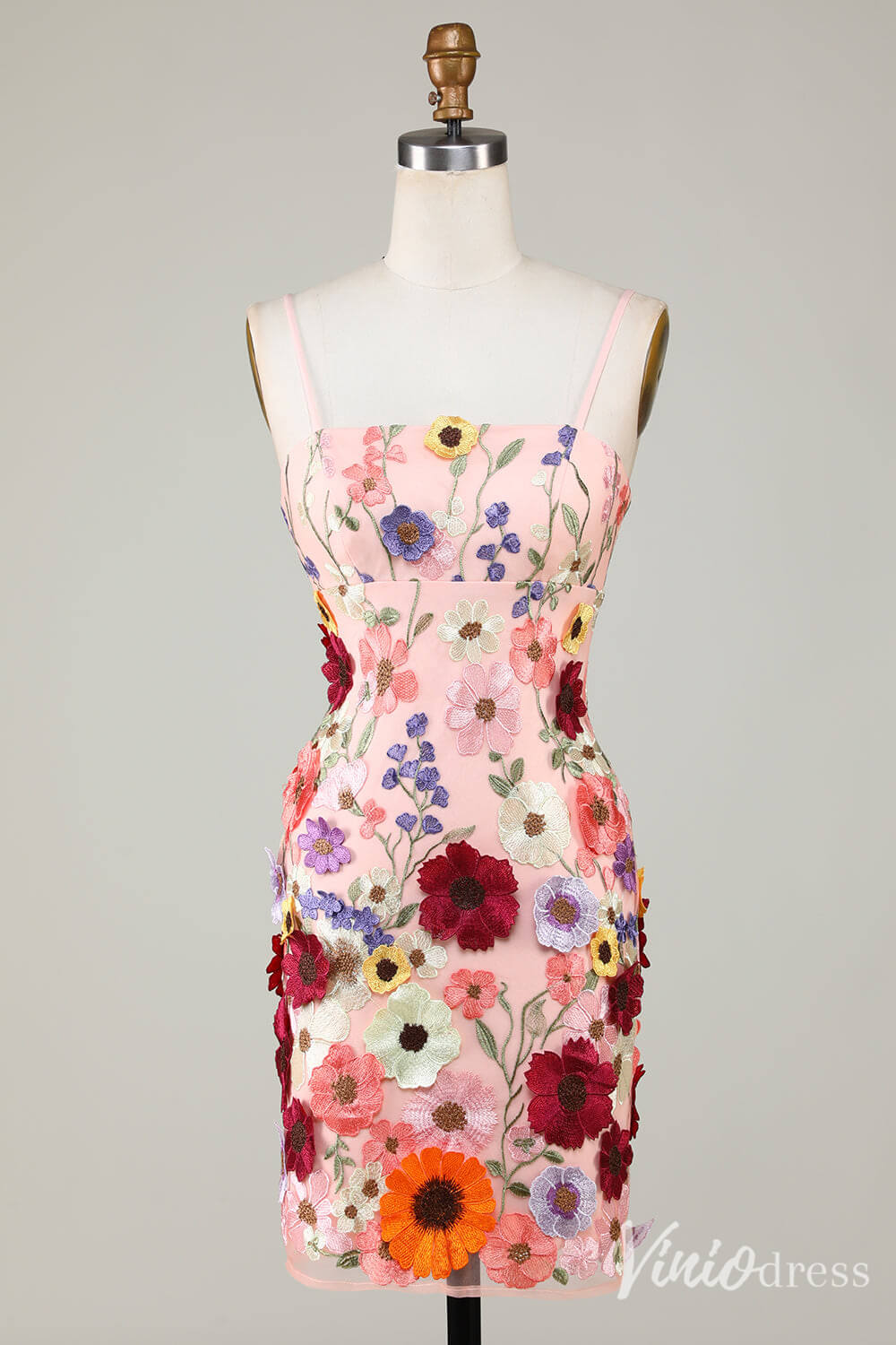 Black 3D Flower Spaghetti Strap Homecoming Dresses Lace Applique Bodycon Dress S24007-prom dresses 2025 -Viniodress-Pink-Custom Size-