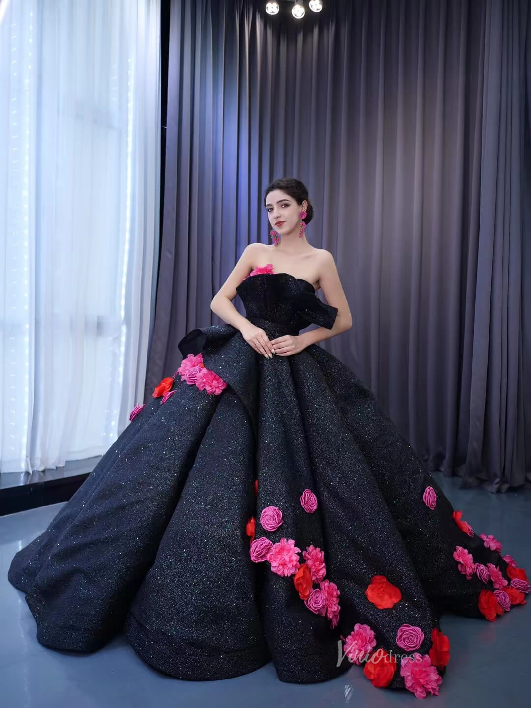 Black 3D Flowers Wedding Dresses Strapless Sparkly Ball Gown 67547 Viniodress Black 3D Flowers Wedding Dresses Strapless Sparkly Ball Gown 67547 Viniodress