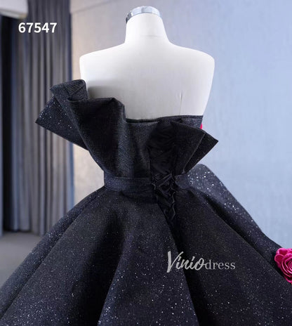 Black 3D Flowers Wedding Dresses Strapless Sparkly Ball Gown 67547-Quinceanera Dresses 2025 -Viniodress-Floral-Black-Custom Size