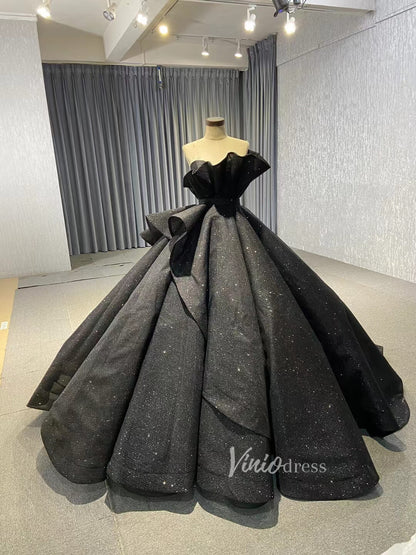Black 3D Flowers Wedding Dresses Strapless Sparkly Ball Gown 67547-Quinceanera Dresses 2025 -Viniodress-Floral-Black-Custom Size