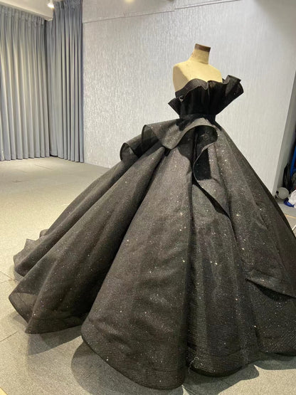 Black 3D Flowers Wedding Dresses Strapless Sparkly Ball Gown 67547-Quinceanera Dresses 2025 -Viniodress-Floral-Black-Custom Size