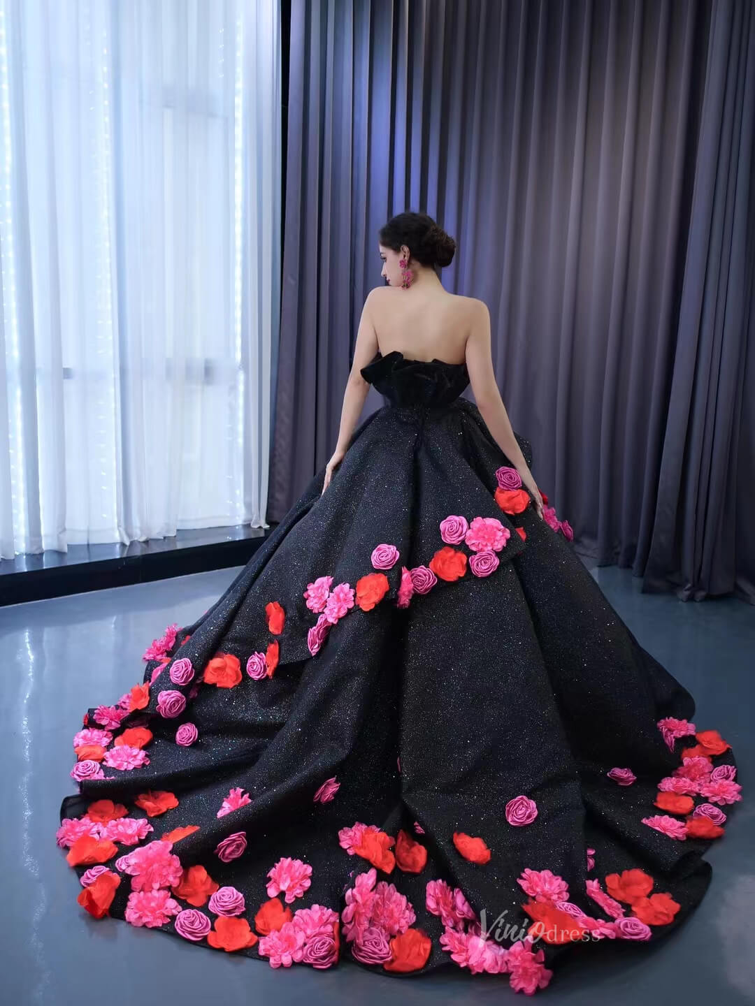 Black 3D Flowers Wedding Dresses Strapless Sparkly Ball Gown 67547-Quinceanera Dresses 2025 -Viniodress-Floral-Black-Custom Size