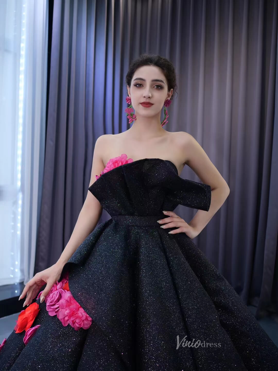 Black 3D Flowers Wedding Dresses Strapless Sparkly Ball Gown 67547-Quinceanera Dresses 2025 -Viniodress-Floral-Black-Custom Size