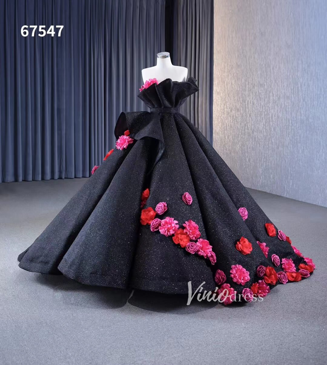 Black 3D Flowers Wedding Dresses Strapless Sparkly Ball Gown 67547-Quinceanera Dresses 2025 -Viniodress-Floral-Black-Custom Size