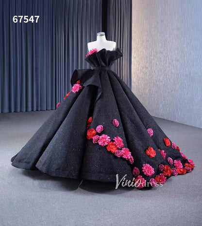 Black 3D Flowers Wedding Dresses Strapless Sparkly Ball Gown 67547-Quinceanera Dresses 2025 -Viniodress-Floral-Black-Custom Size