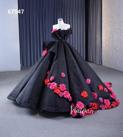 Black 3D Flowers Wedding Dresses Strapless Sparkly Ball Gown 67547-Quinceanera Dresses 2025 -Viniodress-Floral-Black-Custom Size