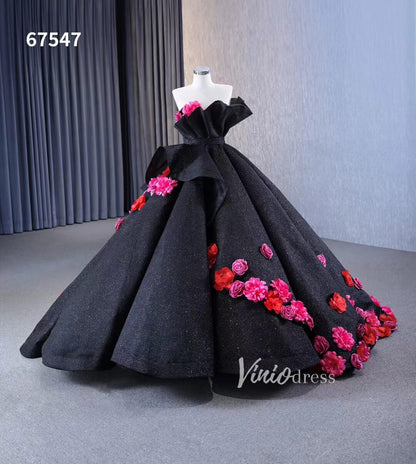 Black 3D Flowers Wedding Dresses Strapless Sparkly Ball Gown 67547-Quinceanera Dresses 2025 -Viniodress-Floral-Black-Custom Size
