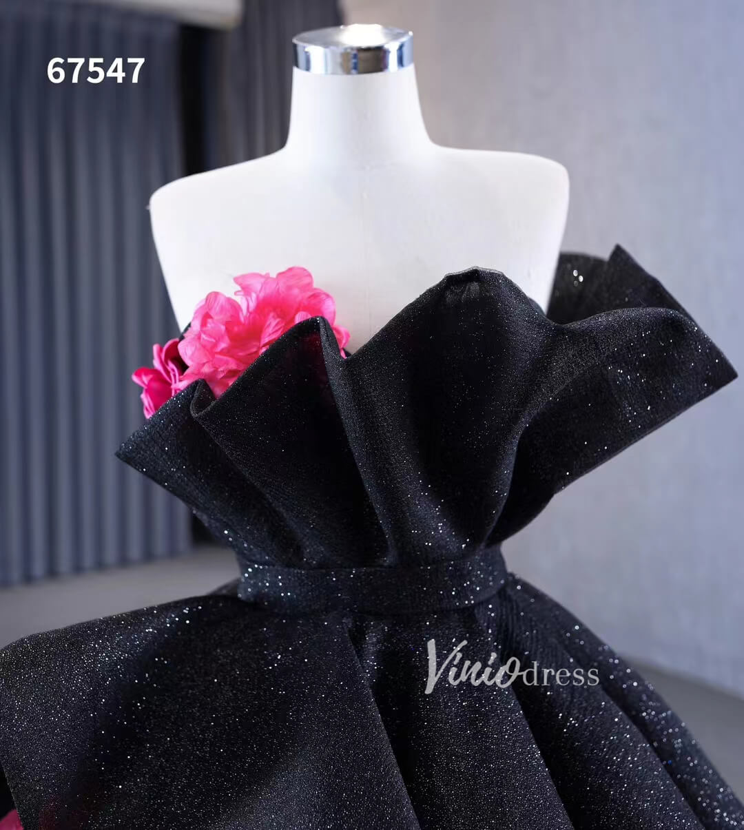 Black 3D Flowers Wedding Dresses Strapless Sparkly Ball Gown 67547-Quinceanera Dresses 2025 -Viniodress-Floral-Black-Custom Size