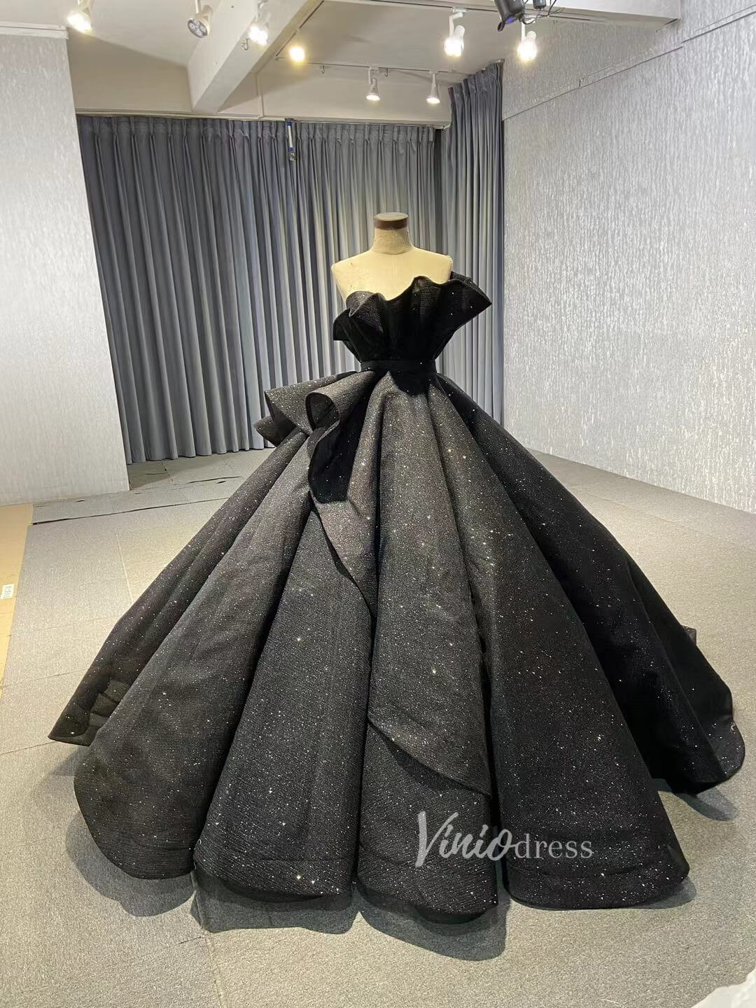 Black 3D Flowers Wedding Dresses Strapless Sparkly Ball Gown 67547 - ViniodressQuinceanera DressesFloralBlack - Formal Dresses - Ball Gowns