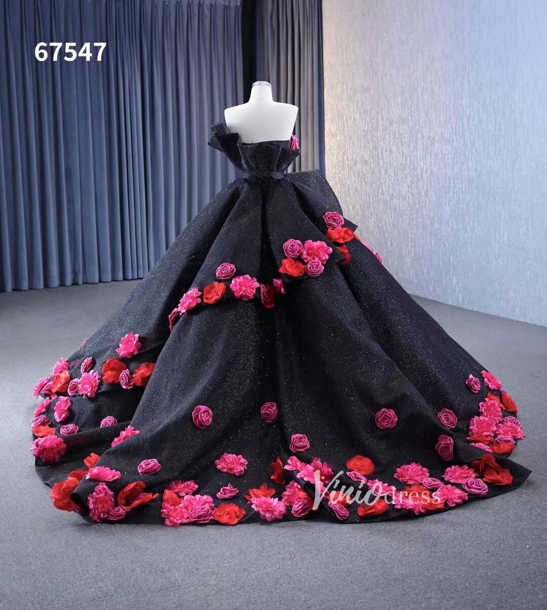 Black 3D Flowers Wedding Dresses Strapless Sparkly Ball Gown 67547 - ViniodressQuinceanera DressesFloralBlack - Formal Dresses - Ball Gowns