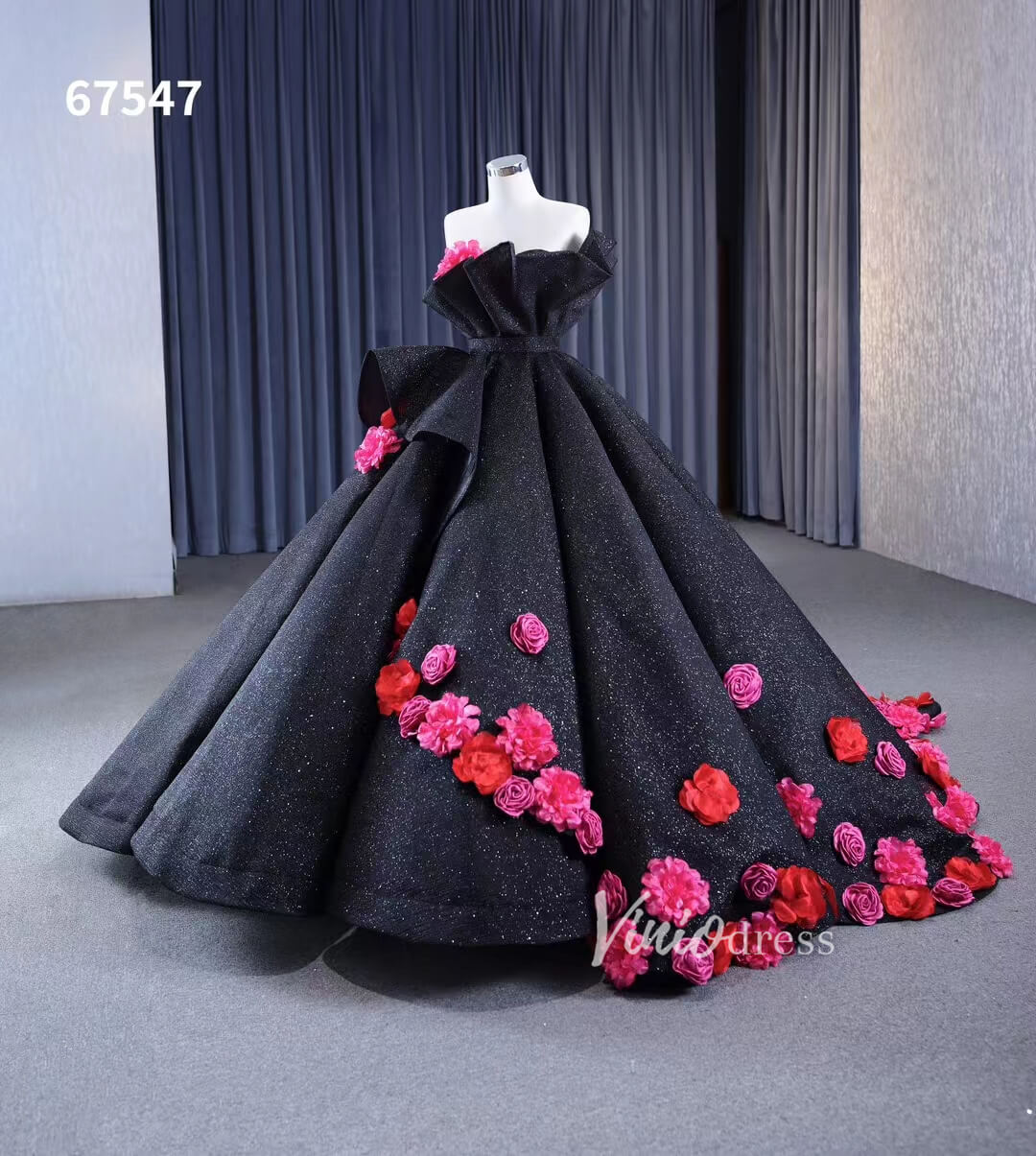 Black 3D Flowers Wedding Dresses Strapless Sparkly Ball Gown 67547 - ViniodressQuinceanera DressesFloralBlack - Formal Dresses - Ball Gowns